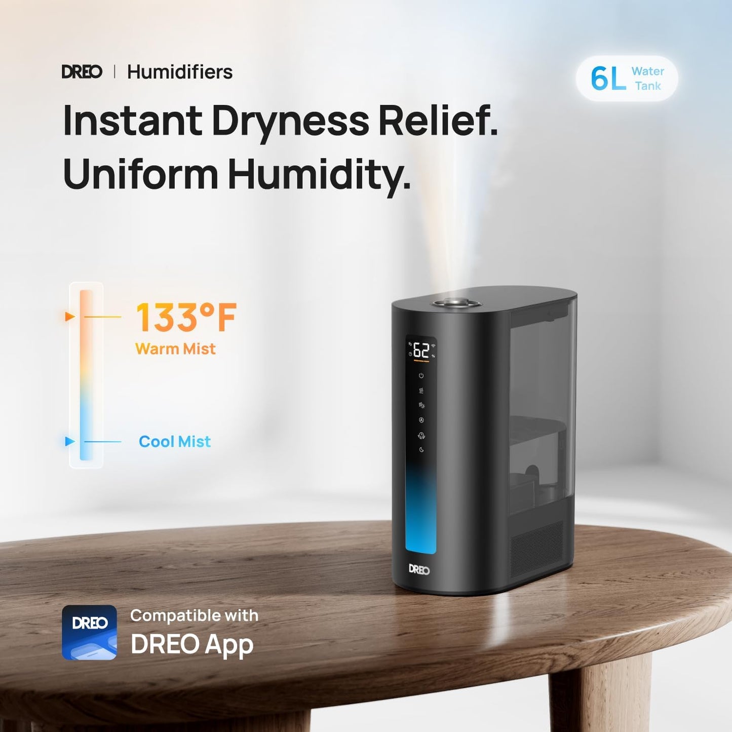 Dreo 6L Humidifiers for Bedroom, Smart Warm & Cool Mist for Large Room, 60Hr Quiet Runtime for Baby, Plant, Humidity Sensor, Indicator Light, 12H Timer, Google/Alexa, Black