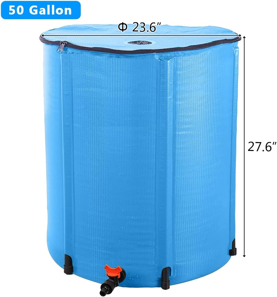 50 Gallon Collapsible Rain Barrel, Portable Rainwater Collection System, Water Storage Tank, Rain Catcher Barrel with Spigots and Overflow Kit, Rain Water Barrel Collector for Garden, Blue