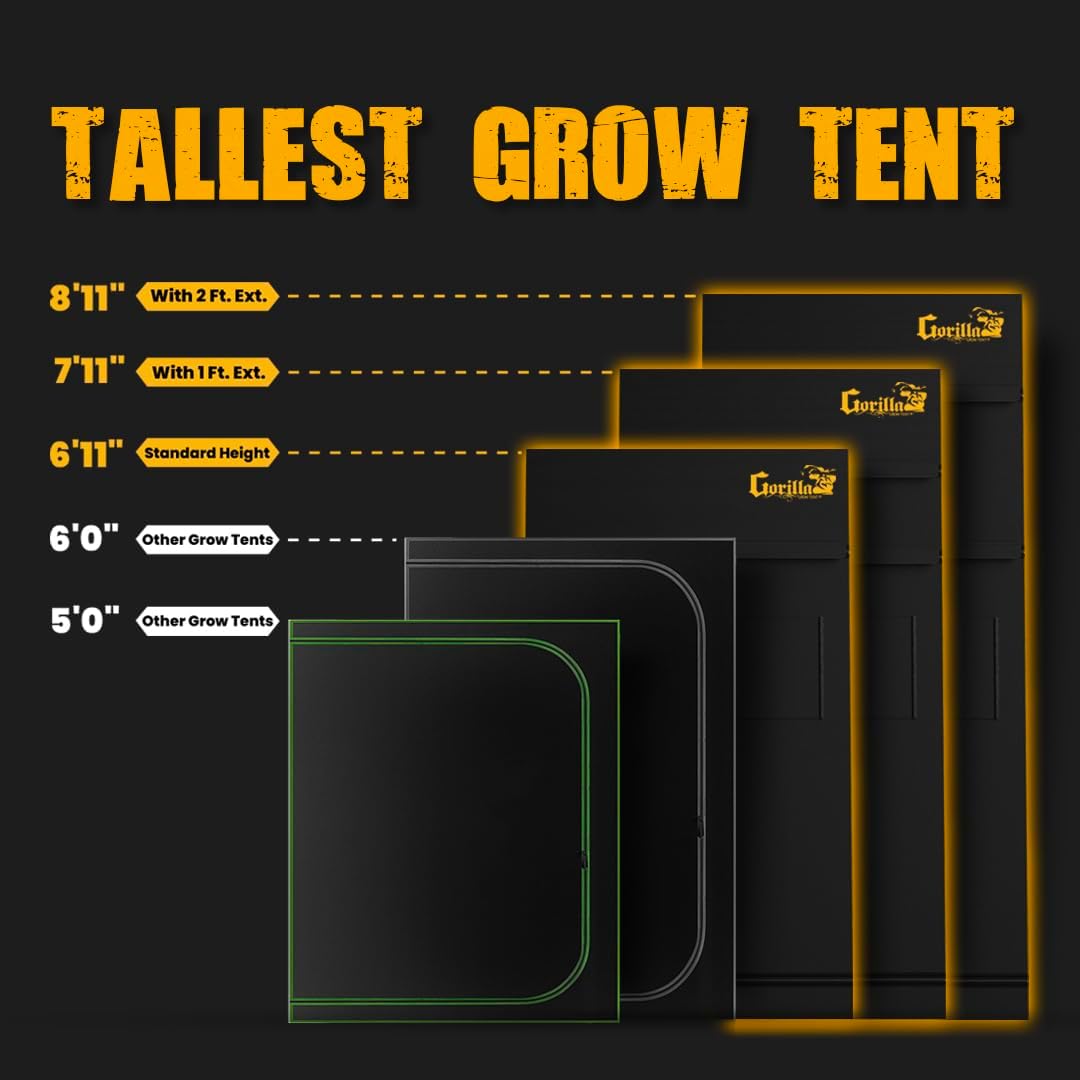 Gorilla Grow Tent Pro 4' x 4' x 6'11 to 7'11 w/Included Extension Kit - Tallest Premium Indoor Grow Tent, Thickest & Most Durable Gorilla Canvas, Strongest w/ 300lb Hang Capacity, Hydroponic Grow Box