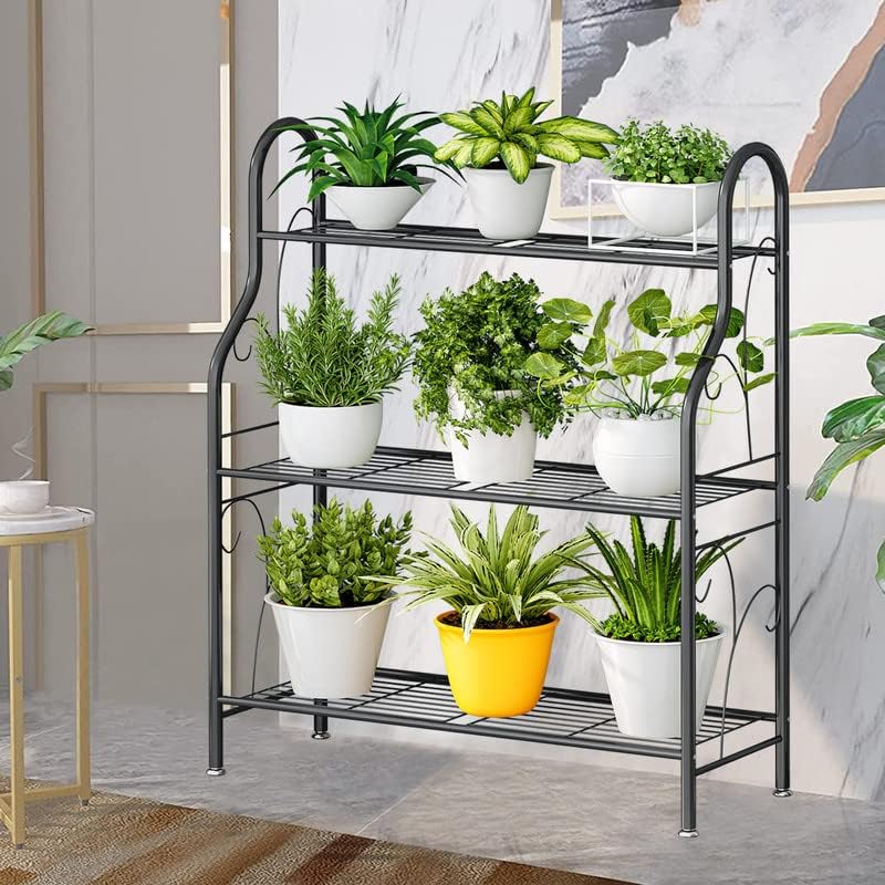 SORCEDAS Plant Stand Indoor Outdoor Plant Shelf 3 Tier Metal Corner Flower Stand Multiple Holder for Patio Garden Balcony Living Room, Dark Grey