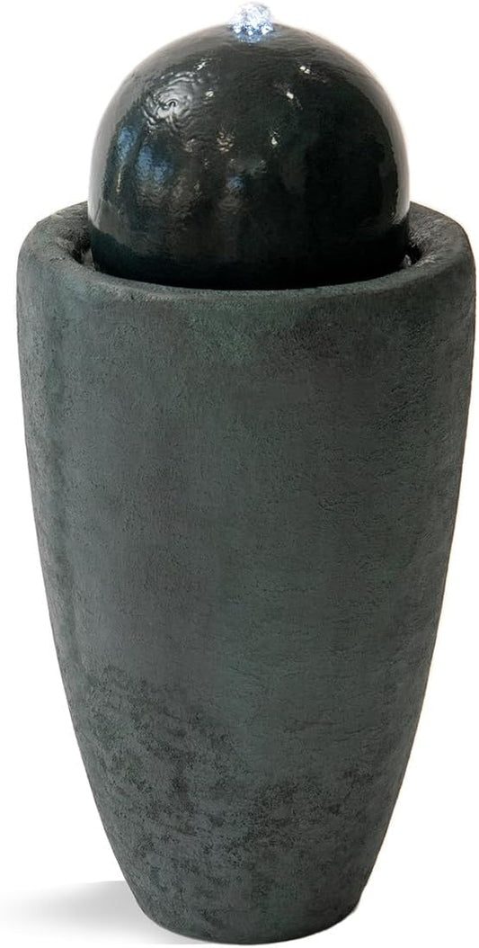 XBrand 25.98" H Round Stone Indoor/Outdoor Modern Stone Textured Sphere Water Fountain w/LED Lights Dark Green