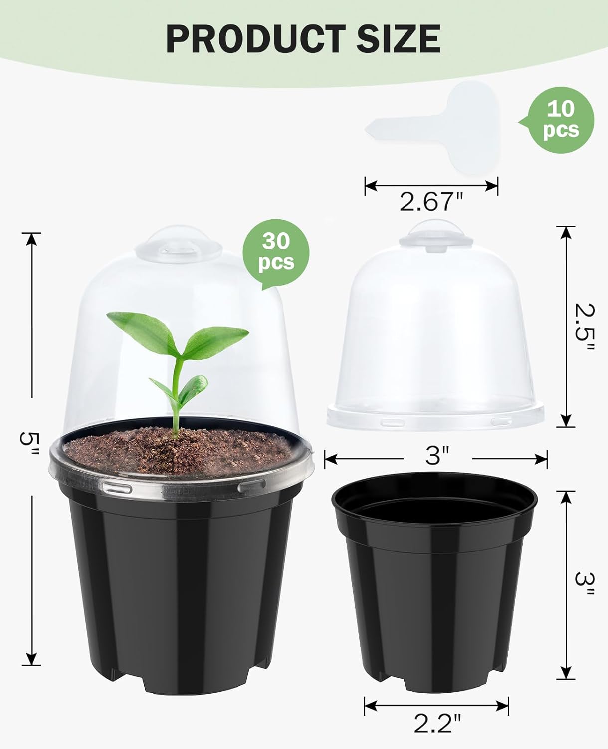 homenote Nursery Pots for Plants,3 Inch Plant Pot for Planting with Humidity Domes Plastic Seedling with Drainage Holes Seed Starter Flower with 10 Labels Black (30 Pack)