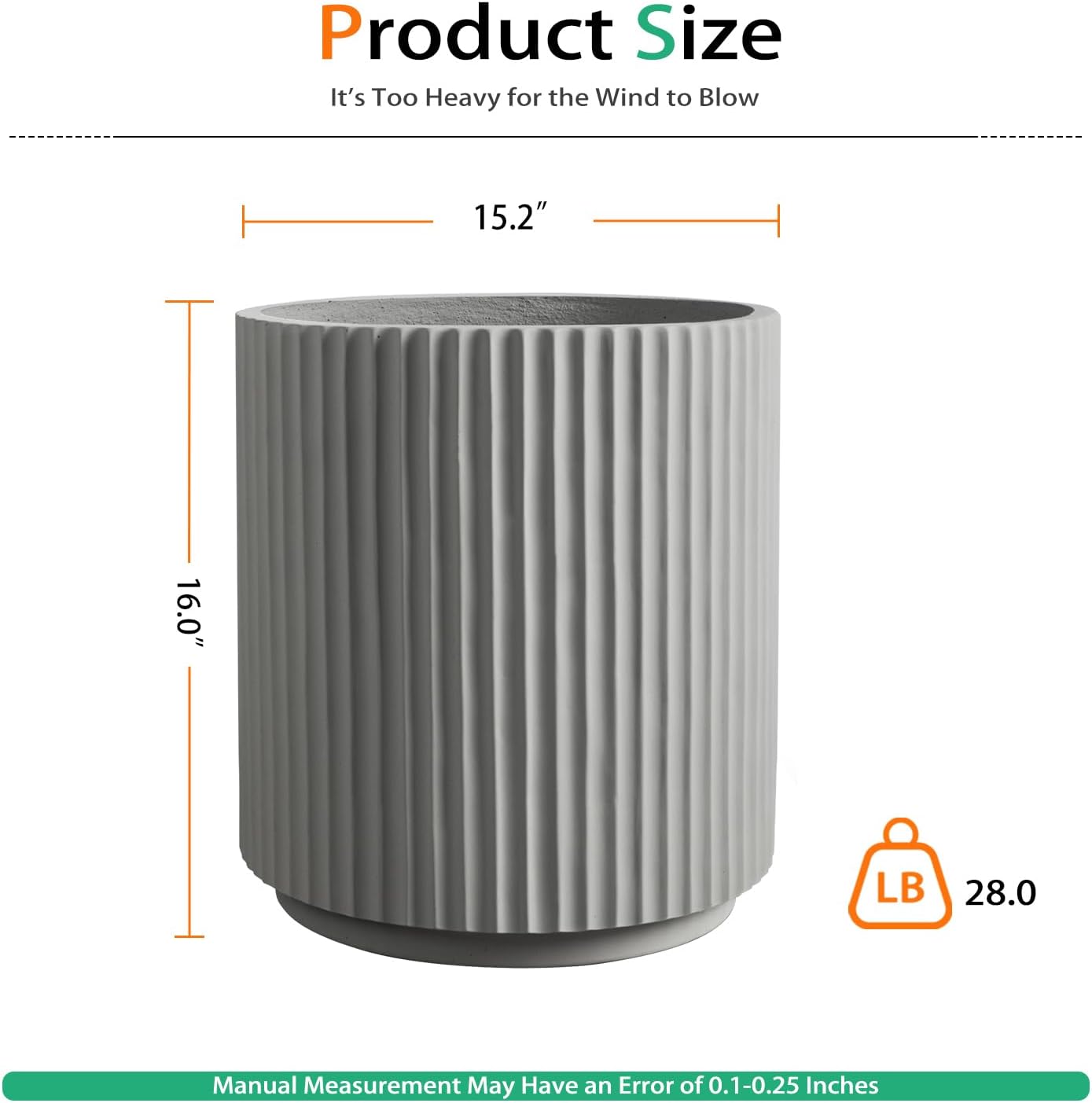 Round Concrete Planter Outdoor Indoor, Large Cement Plant Pots for Flowers (Vertical Gray, 16 inch)