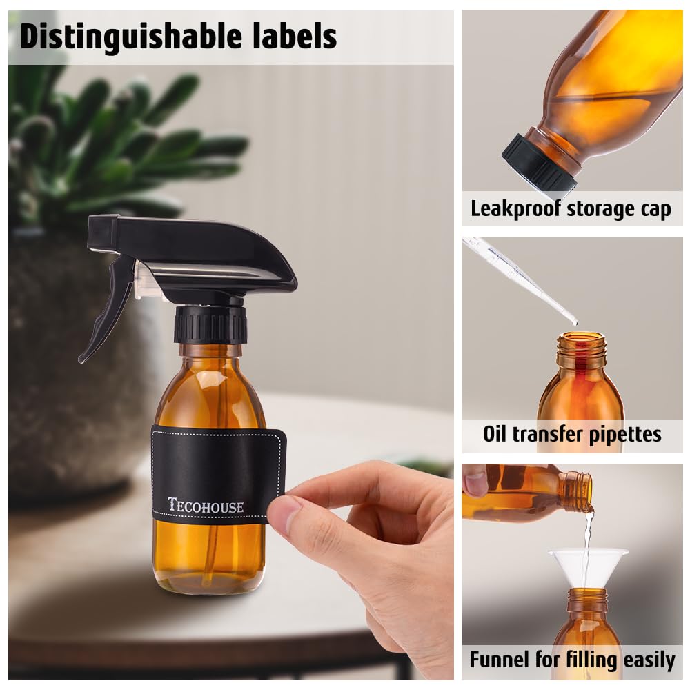 Tecohouse Glass Spray Bottles 4 OZ, Amber Empty Spray Bottle for Essential Oils, Small Glass Bottles for Cleaning Solutions, Plants, with Durable Nozzle, Labels, Funnel, Pipettes