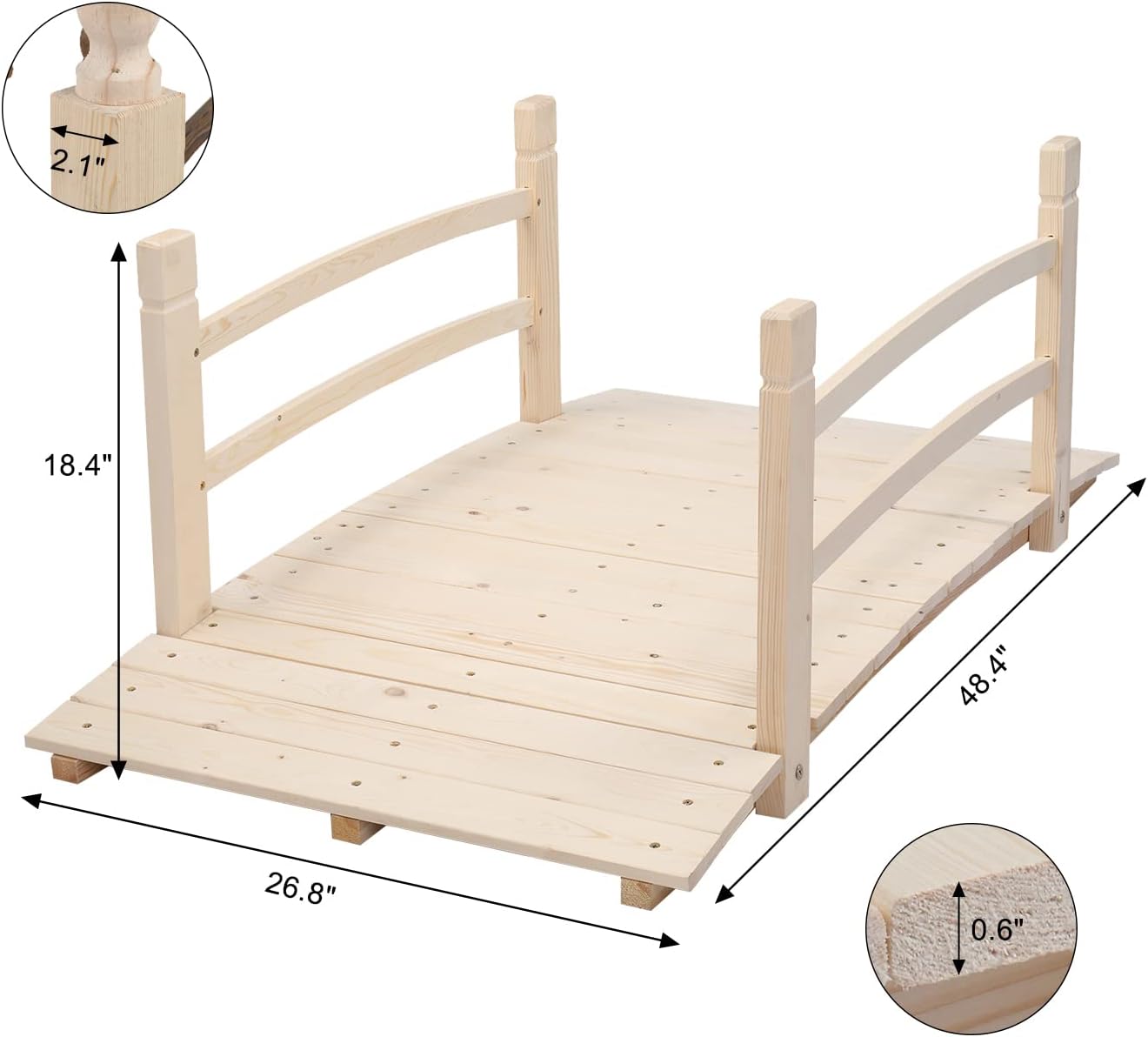 VINGLI 4 ft Garden Bridge, Arch Walkway Wooden Bridge with Safety Rails Natural Finished, Decorative Landscaping Footbridge for Koi Pond, Dry Creek Bed, Garden Pathway or Japanese Zen Decor