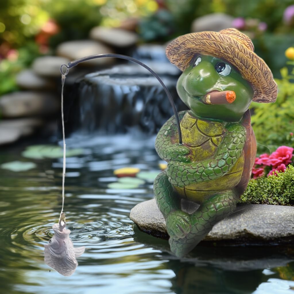 Tortoise Fishing Statue Garden Decor，9.8" Weatherproof Resin Tortoise Fishing Sculpture Decor for Fish Ponds, Koi Ponds, Waterfalls, Poolside Outdoor Gardens Resin Figurine for Indoor Outdoor Décor