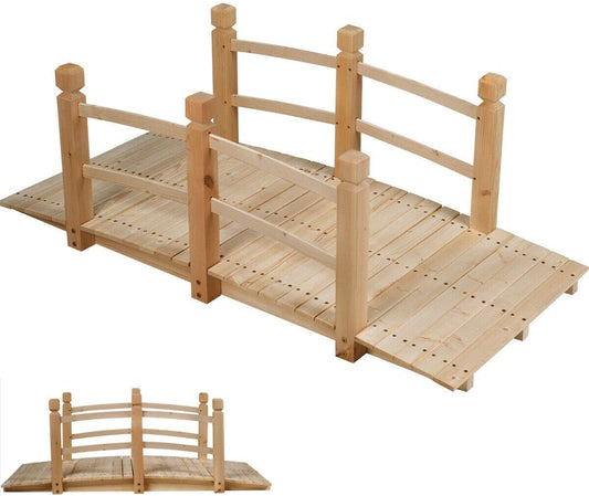 HAPPYGRILL Wooden Bridge, Natural Wood Garden Bridge with Guardrails, Outdoor Pond Bridge for Garden Backyard Decoration 5FT