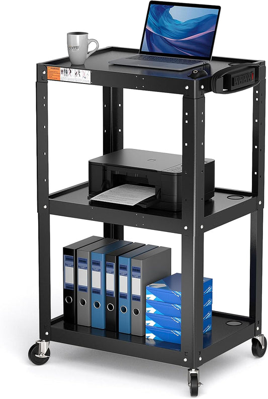 3 Shelf Metal Utility Cart with Wheels & Power Strip - Steel Mobile AV Cart for Video Projector, TV, Laptop, Computers, Printers - Height Adjustable Media Carts for Office Classroom Warehouse