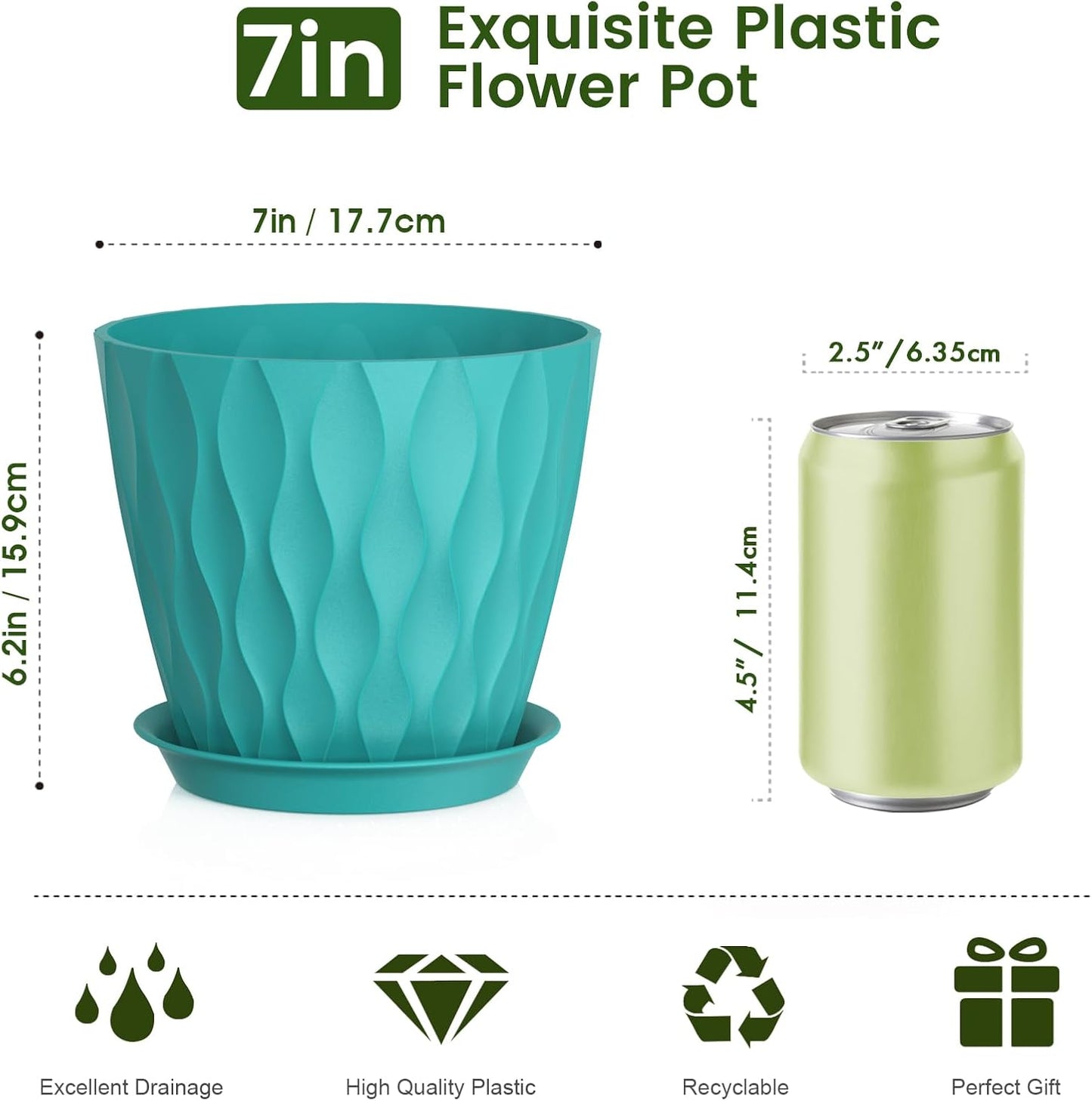 7 inch Plant Pots for Indoor Outdoor Plants, 5 Pack Thick Flower Pots with Drainage Holes and Saucers, 3D Modern Wave Texture Plastic Planter Pots for Nursery and House Plants, Blue Green