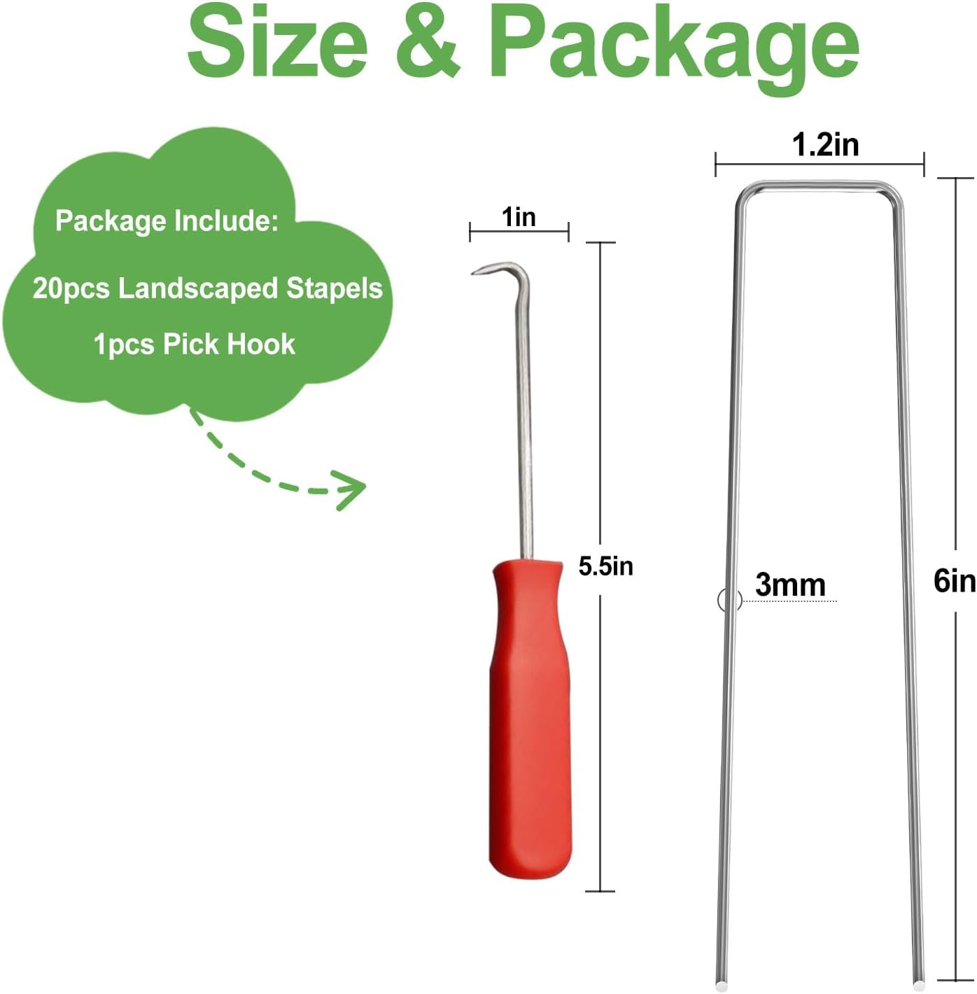 FOTMISHU Landscape Staples 6 Inch 20Pcs Garden Stakes, Galvanized Lawn Pins Spray Coating Yard Ground Spikes, U-Type Staples for Weed Barrier Anchoring Outdoor Tents Hoses