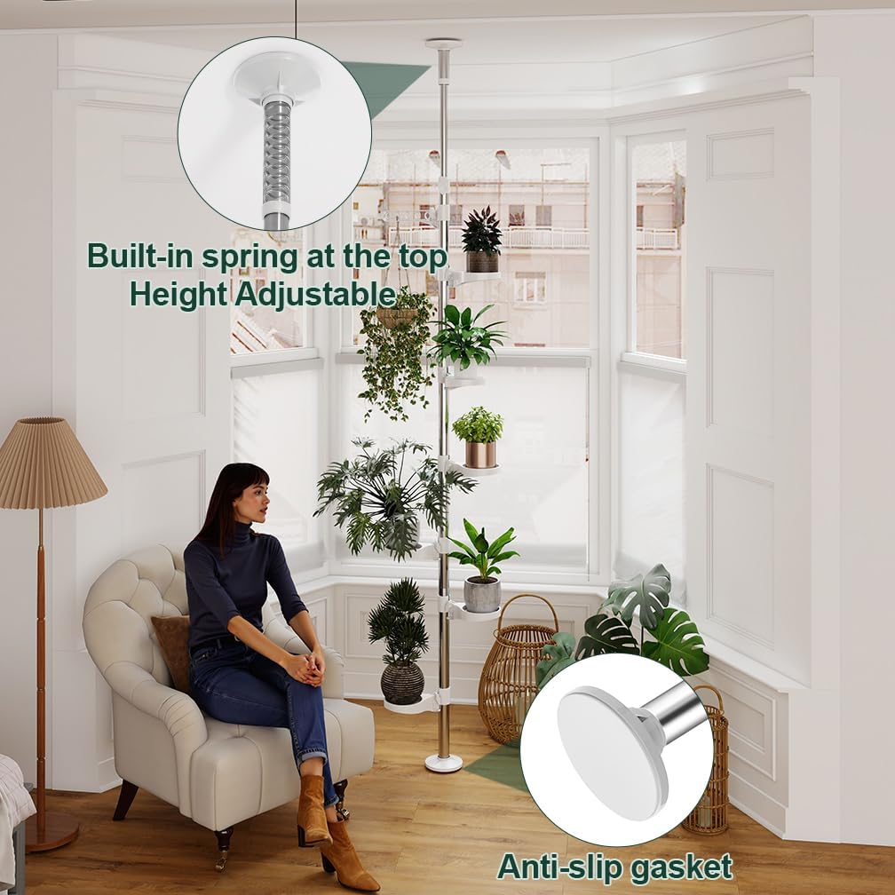 Hershii 7-Layer Tension Pole Plant Stand Indoor Decorative Display Rack Stands for Flower Pots Floor to Ceiling Adjustable Hanging Corner Shelf