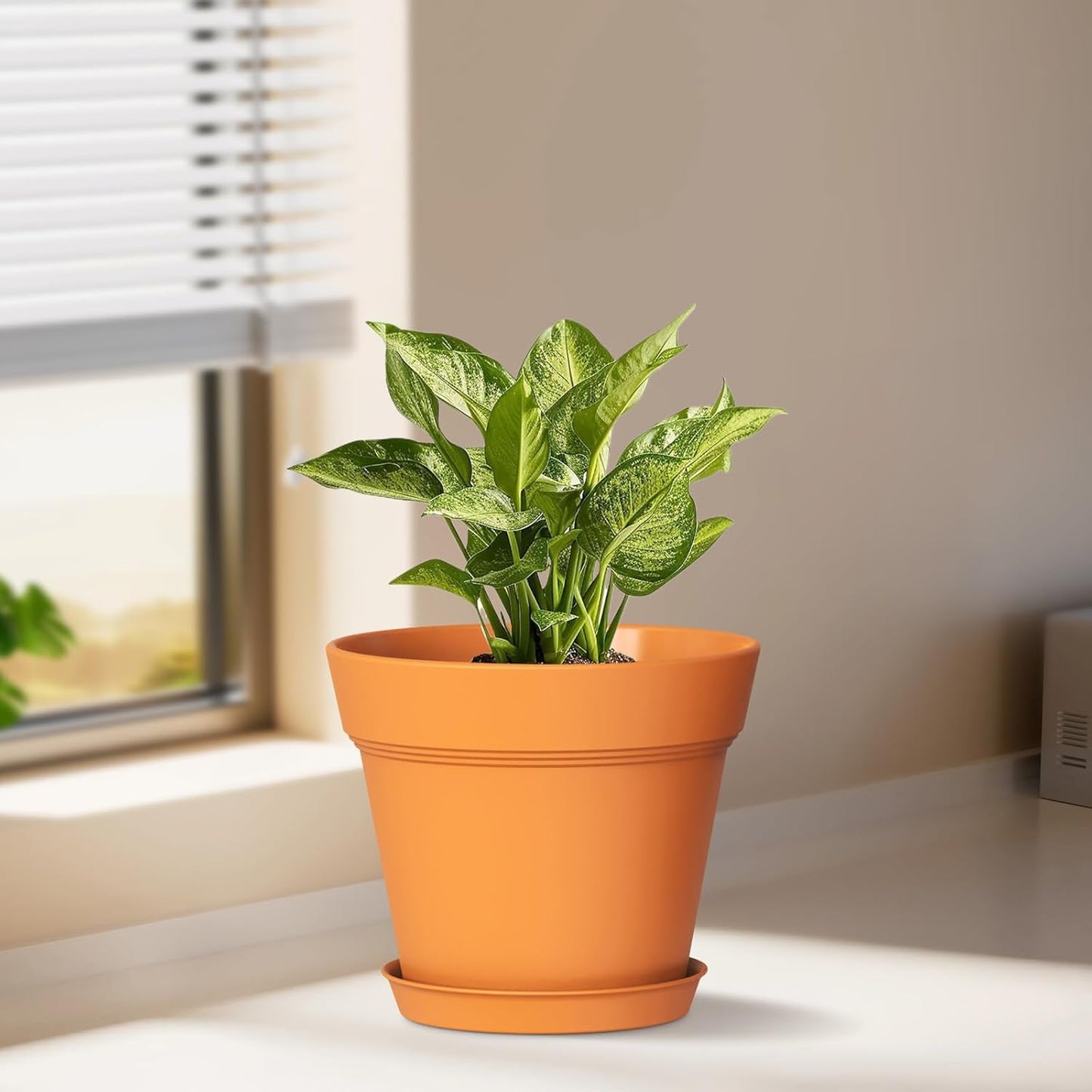 5 Inch Plastic Plant Pots with Drainage Holes and Trays – 6 Pack Small Nursery Pots for Indoor & Outdoor House Plants and Flowers, Seedling Starter Planters, Terracotta