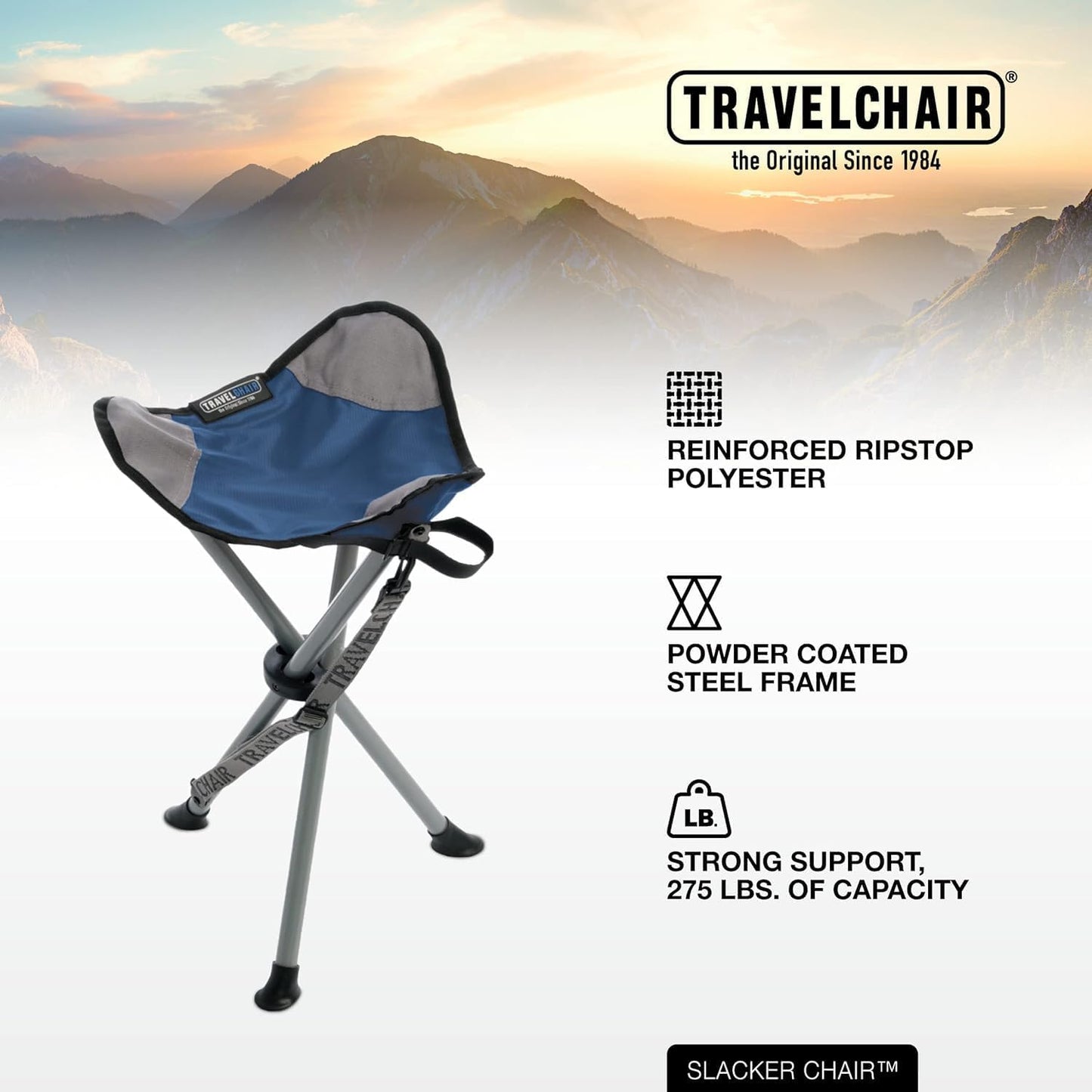 Travel Chair Slacker Tripod Chair for Camping, Lightweight Chair, Adjustable Carry Strap for Easy Transport | Oversized Duck Feet for Improved Stability | Perfect for Outdoor Adventures (Blue)
