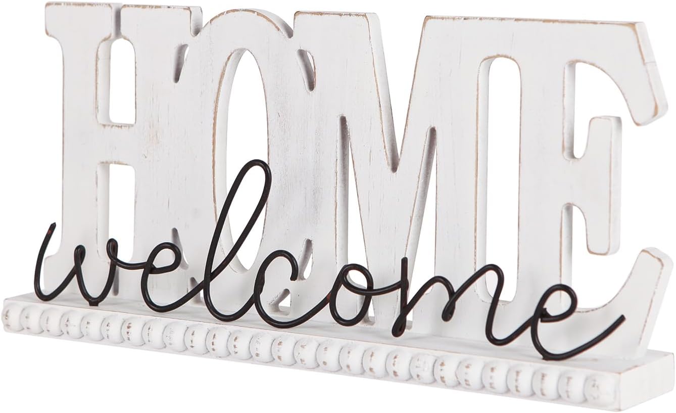 NIKKY HOME Wood Home Signs, Rustic Home Letter Signs Free Standing, Decorative Tabletop Word Signs, Farmhouse Welcome Signs for Entryway Decor Living Room Shelf