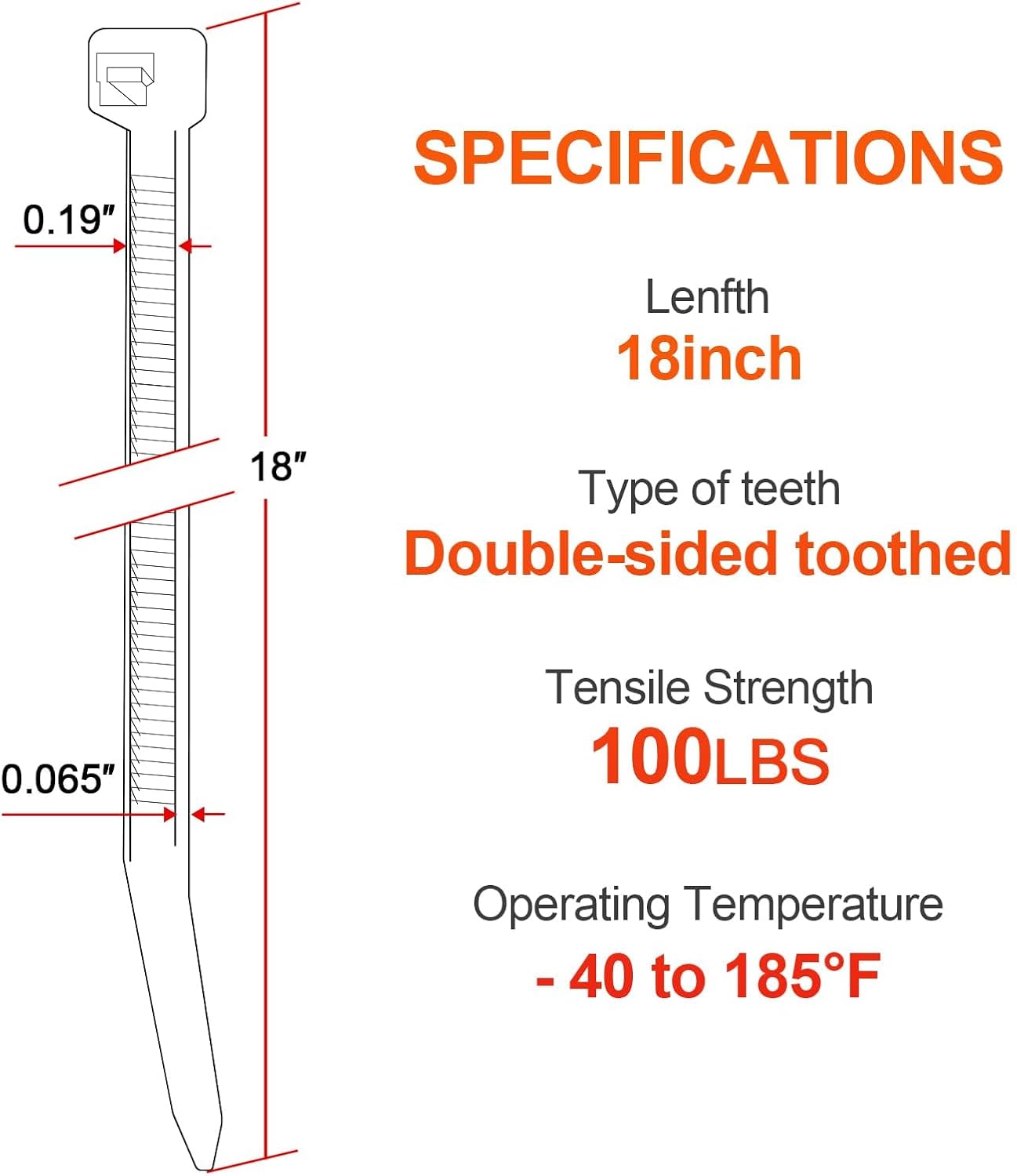 18 Inch Zip Ties Double Sided Toothed,100 LBS Tensile Strength Heavy Duty Cable Wire Ties With Self-Locking Adjustable More Durable Nylon Tie Wraps for Indoor Outdoor（200 Pack）