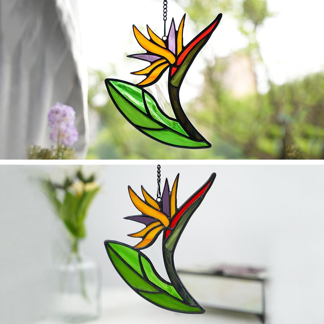 Bird of Paradise Flower Decor Stained Glass Suncatcher,Artificial Fake Flowers Gift for Women,Flowers Ornament Stained Glass Window Hangings,Housewarming Gifts for Mom Grandma