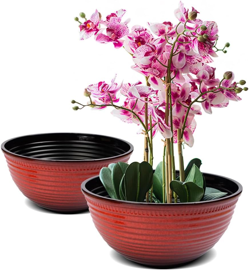 2 Pack 10 Inch Plant Pots,Durable Decorative Flower Pots Planters with Drainage Hole for Indoor and Outdoor Plants,Flowers,Succulents, Red