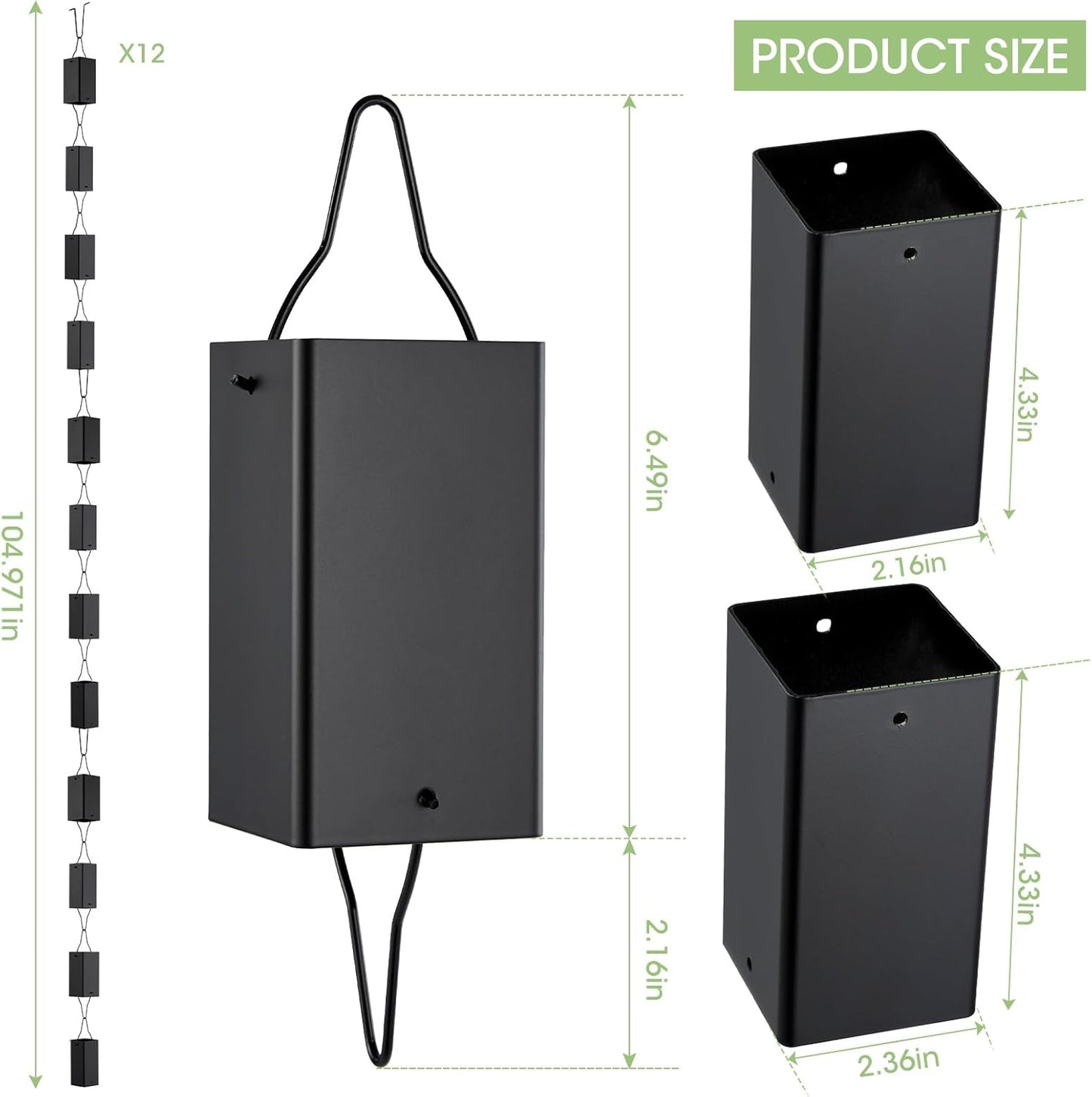 TE DEUM Aluminum Rain Chain, 8.5 Feet Length, 2.36inch Big Size Cup, Black Powder Coated, Functional and Decorative Replacement for Gutter Downspouts, V Gutter Clip Included, Black, 12 Cups