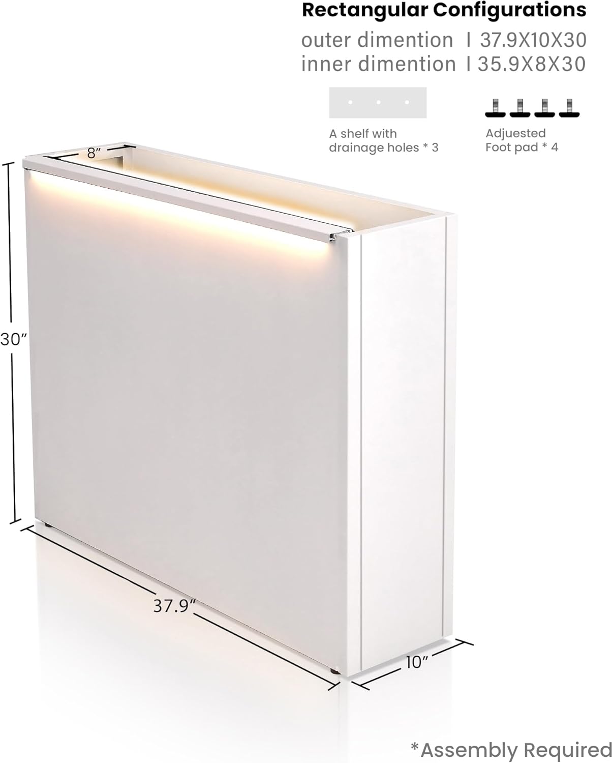 GSK Tall Illuminate Decor 30" H×10" W×37.9" L White Metal Planter Box LED Strips×2 Lighting Vibe Indoor Garden Flower Divider Plants Outdoor Separation Modern Succulent Balcony Houseplants