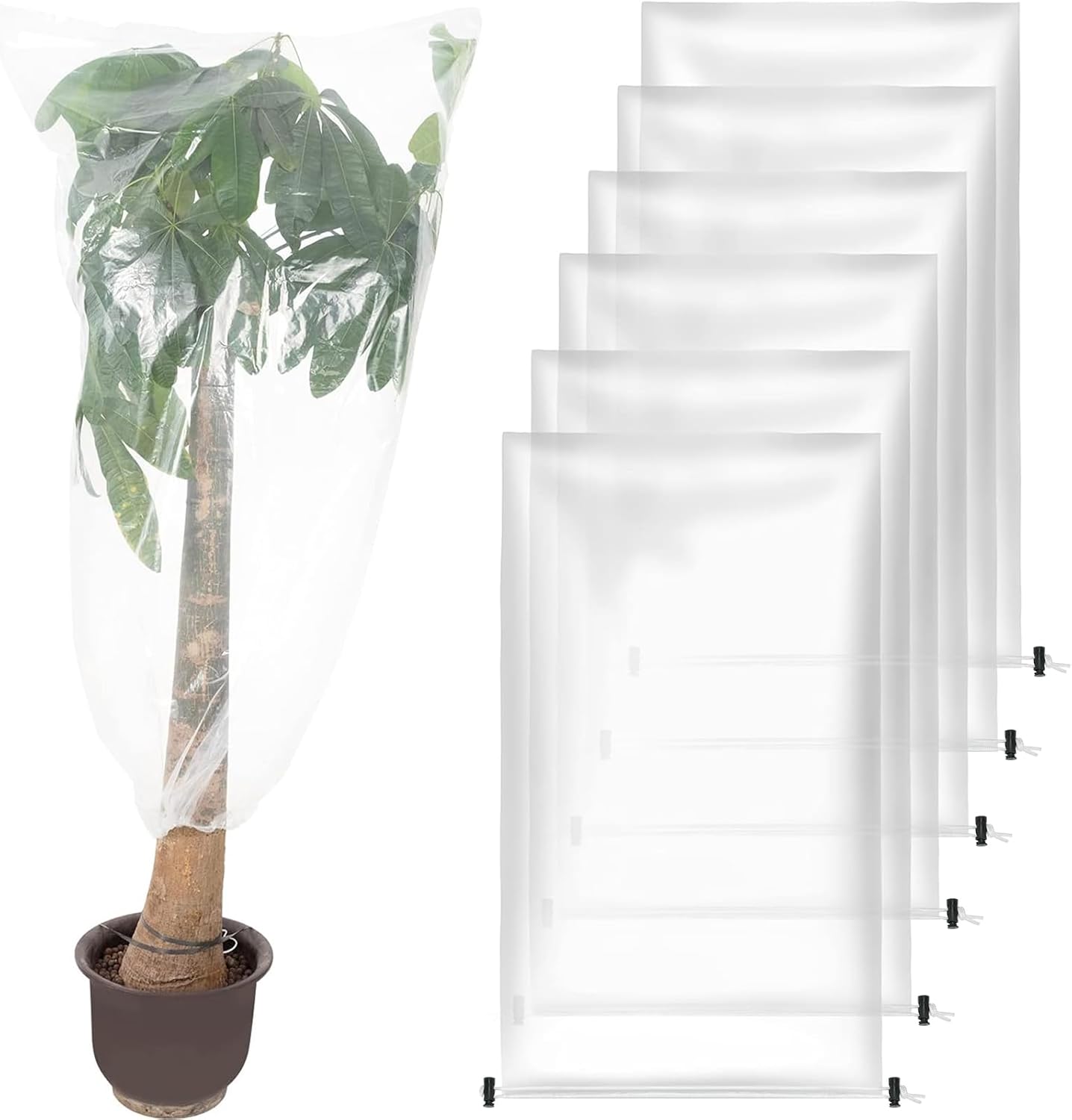 ANPHSIN 6 Pcs Winter Plant Film Cover with Drawstring - 35.4" x 59" Plastic Plant Cover Freeze Protection Transparent Waterproof Plant Shelter Bag for Outdoors Garden Plants Shrubs Sapling Crops