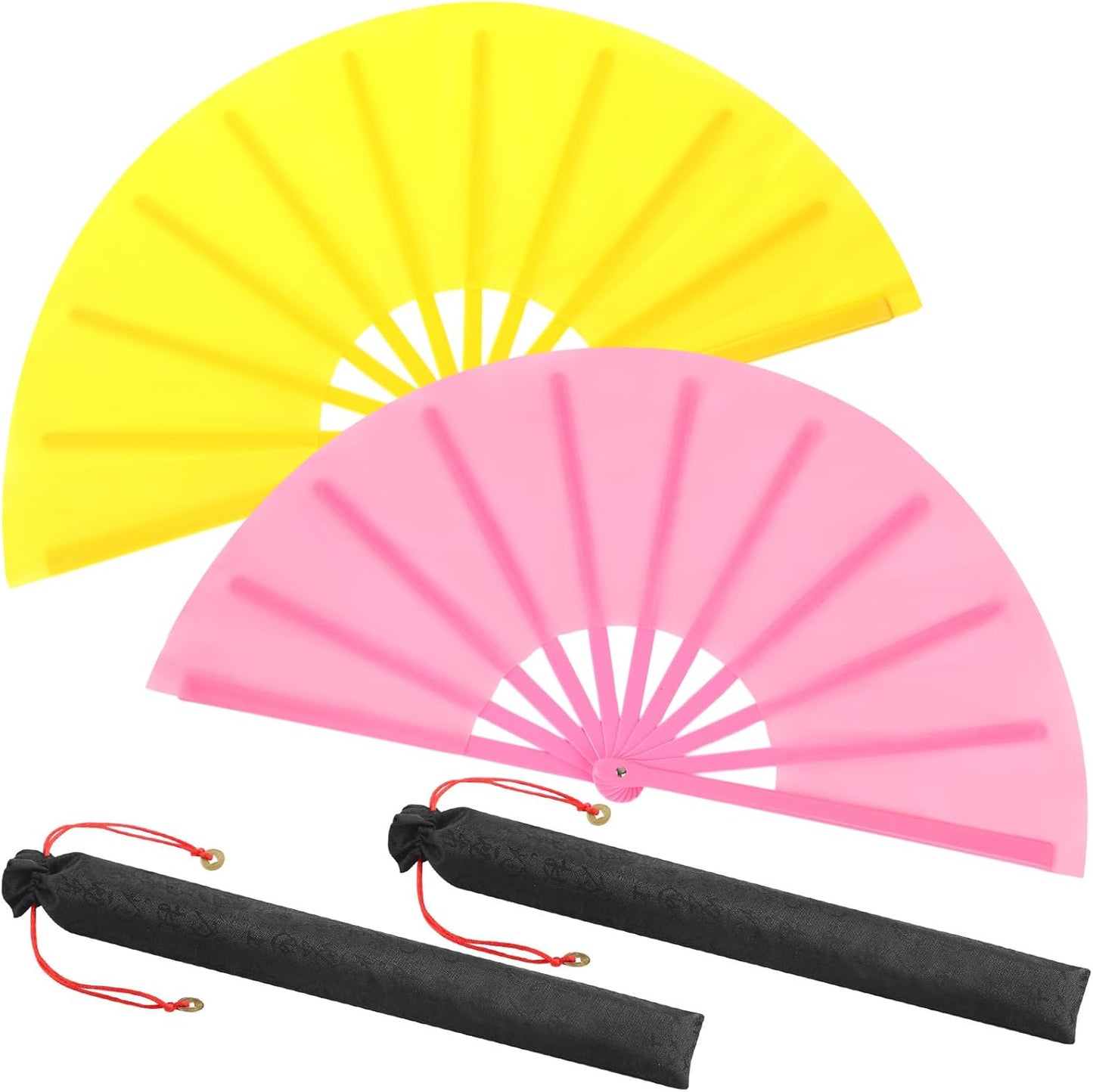 Maitys 2 Packs Large Clap Fans for Line Dancing Large Chinese Folding Hand Fans for Men and Women, Festival, Tai Ji, Kungfu, Martial Art, Gifts (Pink and Yellow)