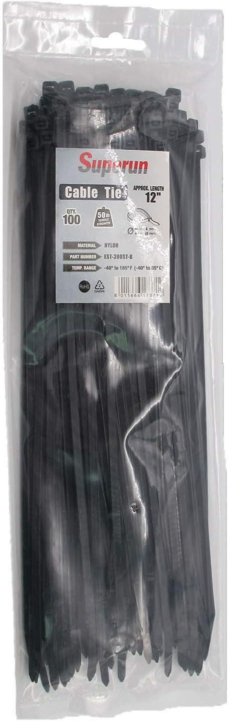 Superun Heavy Duty Zip Ties 12 Inch, 50 Lbs Tensile Strength Selflocking Wire Ties (Industrial Grade Cable Ties) Pack of 100 Black