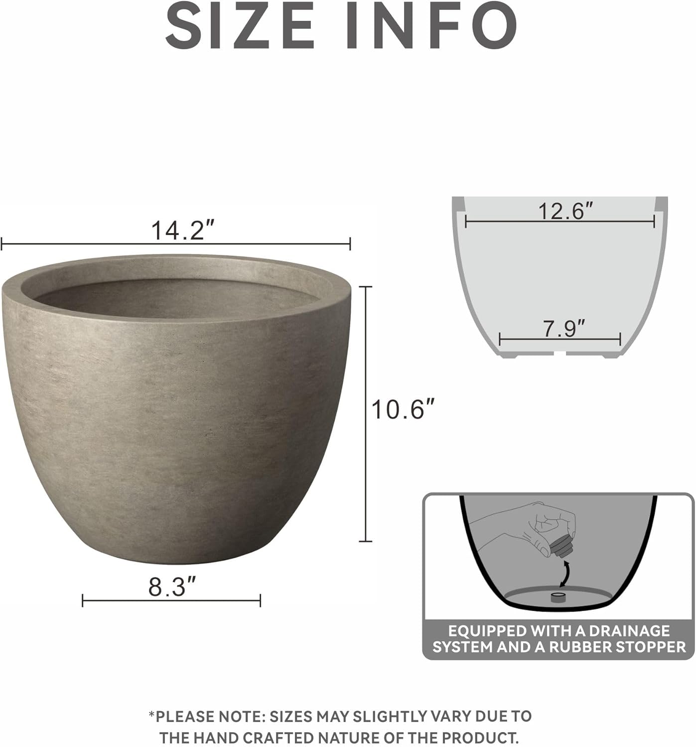 Kante 14.2 Inch Round Concrete Planter - Classic Large Indoor/Outdoor Plant Pot with Drainage Hole and Rubber Plug, Suitable for Gardens and Patios, Weathered Concrete