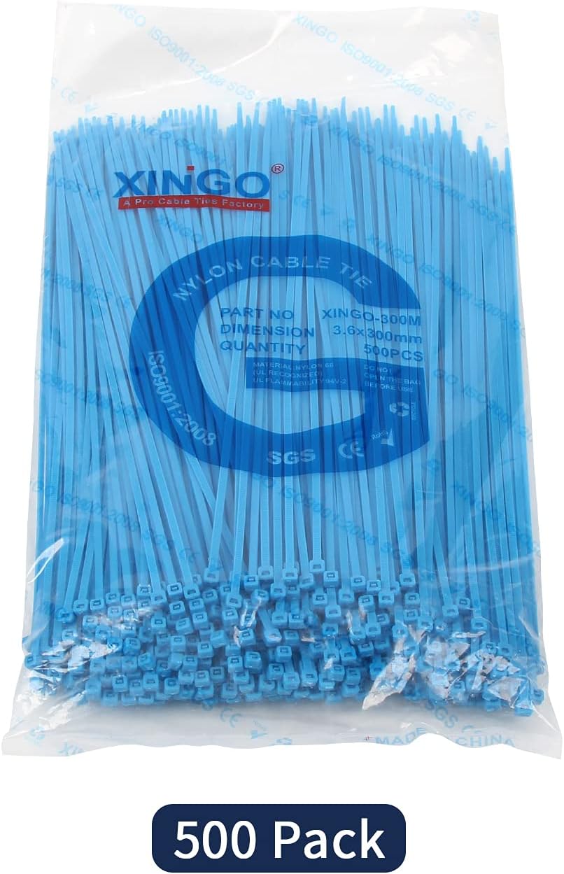 XINGO Nylon Cable Zip Ties Self Locking Plastic Wire Ties with 40 Lbs Tensile Strength for Indoor and Outdoor 12 Inch 500 Pack Blue