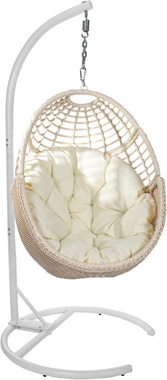 TWT Egg Swing Chair with Stand Hanging Egg Chair Outdoor - Rattan Wicker Patio Hanging Basket Chair Hammock Chair with Metal Frame and UV Resistant Cushion for Indoor Bedroom Balcony (Beige)