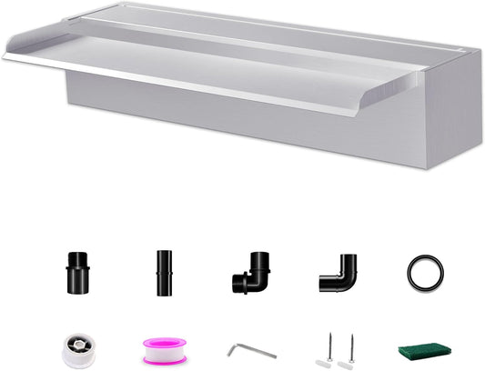 Waterfall Pool Fountain LONGRUNNEW 304 Stainless Steel 23.6" Rectangular Waterfall Spillway, Water Fall Fountain with Pipe Connector for Garden Outdoor, Swimming Pools, Fountains, Pond and Spa