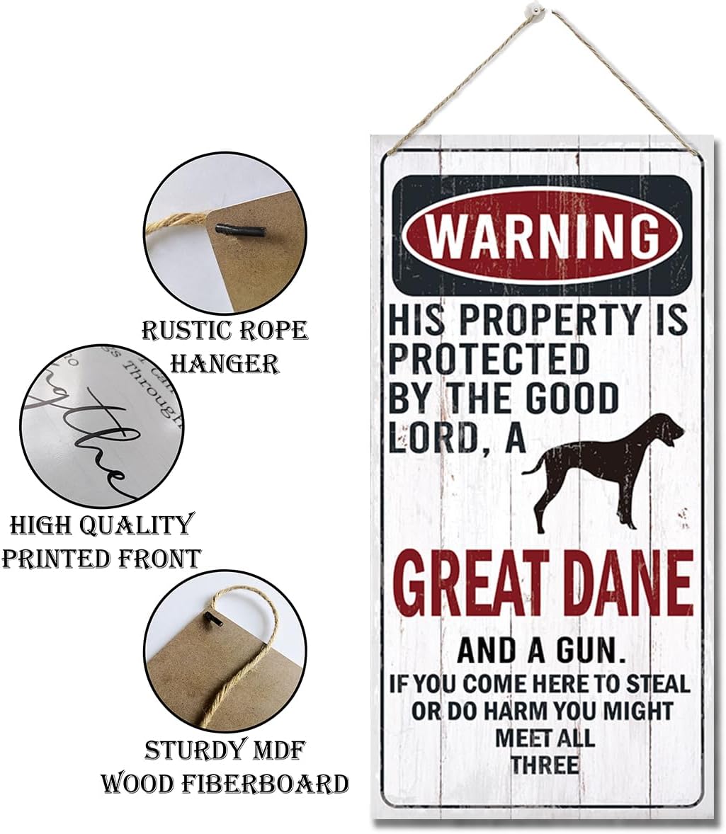 Warning Sign, This Property Is Protected By The Goodlord, A Great Dane And A Gun Warning Wood Plaque Sign, Funny Door Signs, Decorative Wood Hanging Suspension Plaque, Farmhouse Wooden Wall Decor
