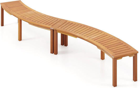 Tangkula Outdoor Curved Bench, Acacia Wood Fire Pit Bench w/Slatted Seat, Patio Backless 2-Person Seating for Porch, Yard, Garden, 800 LBS Max Load, Oil Painted (2, 58")
