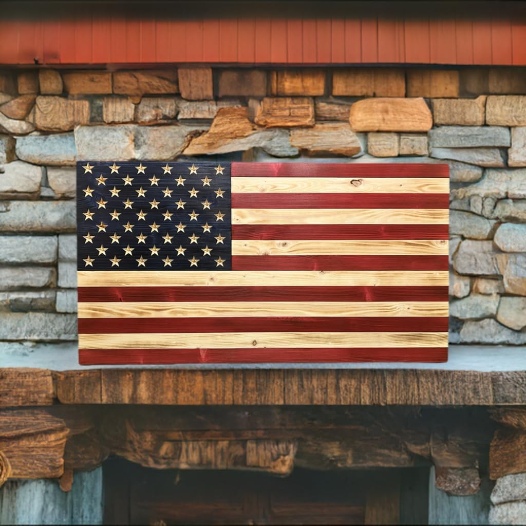 Rustic Wooden American Flag, Patriotic Wall Art (Natural Finish, 34x65)