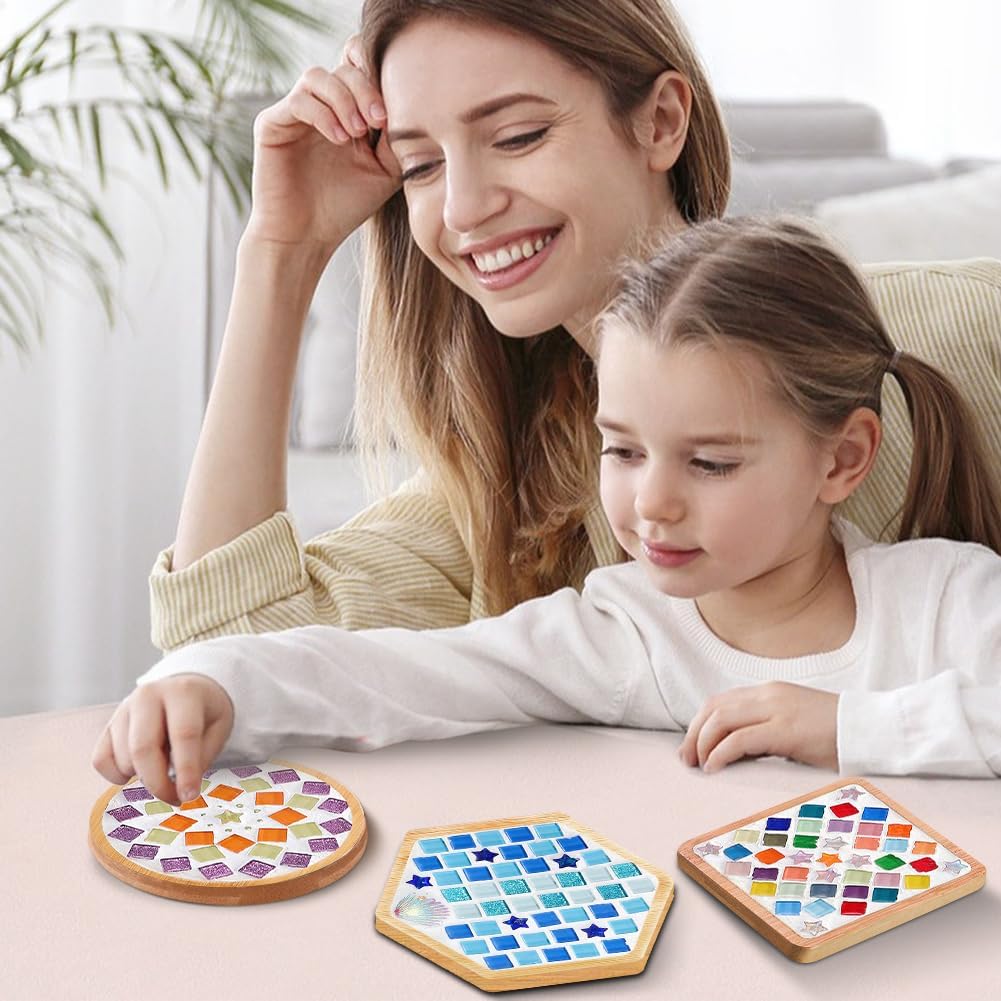 Ukontagood 8 Pcs DIY Mosaic Coasters for Crafts, Mosaic Tiles Coaster for Handmade Home Decoration, and Daily Presents, Mixed Color Mosaic Kits with Wooden Coaster