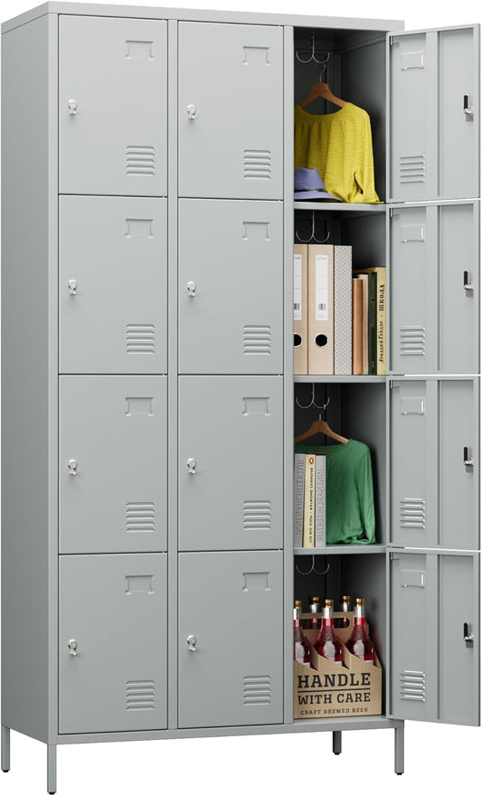 Aobabo 12 Doors Metal Storage Locker for Employees, Storage Locker with Name Card Slot for School Office Gym Bedroom, Light Grey, Assembly Required