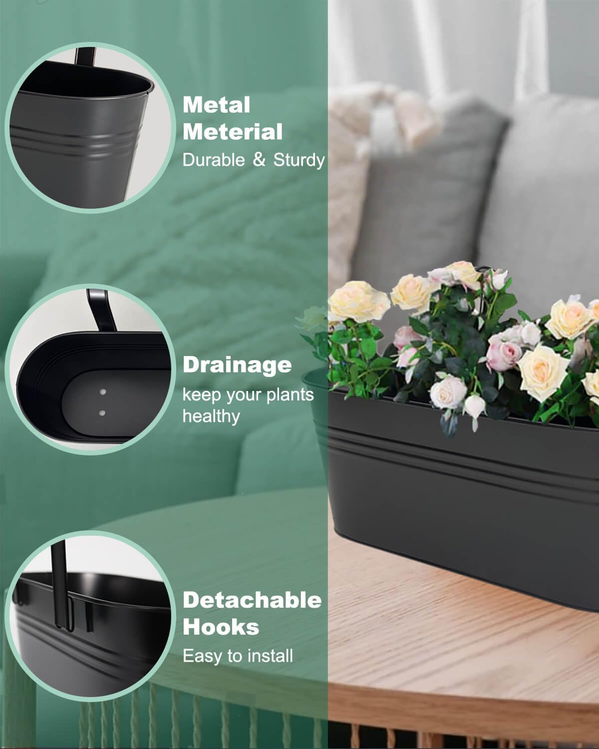 vensovo 16 Inch Railing Planter for Outdoor Plants - 5 Pack Large Metal Balcony Hanging Planters with Detachable Hooks and Drain Holes Oval Box Rail Pots for Home Garden Fence, Black