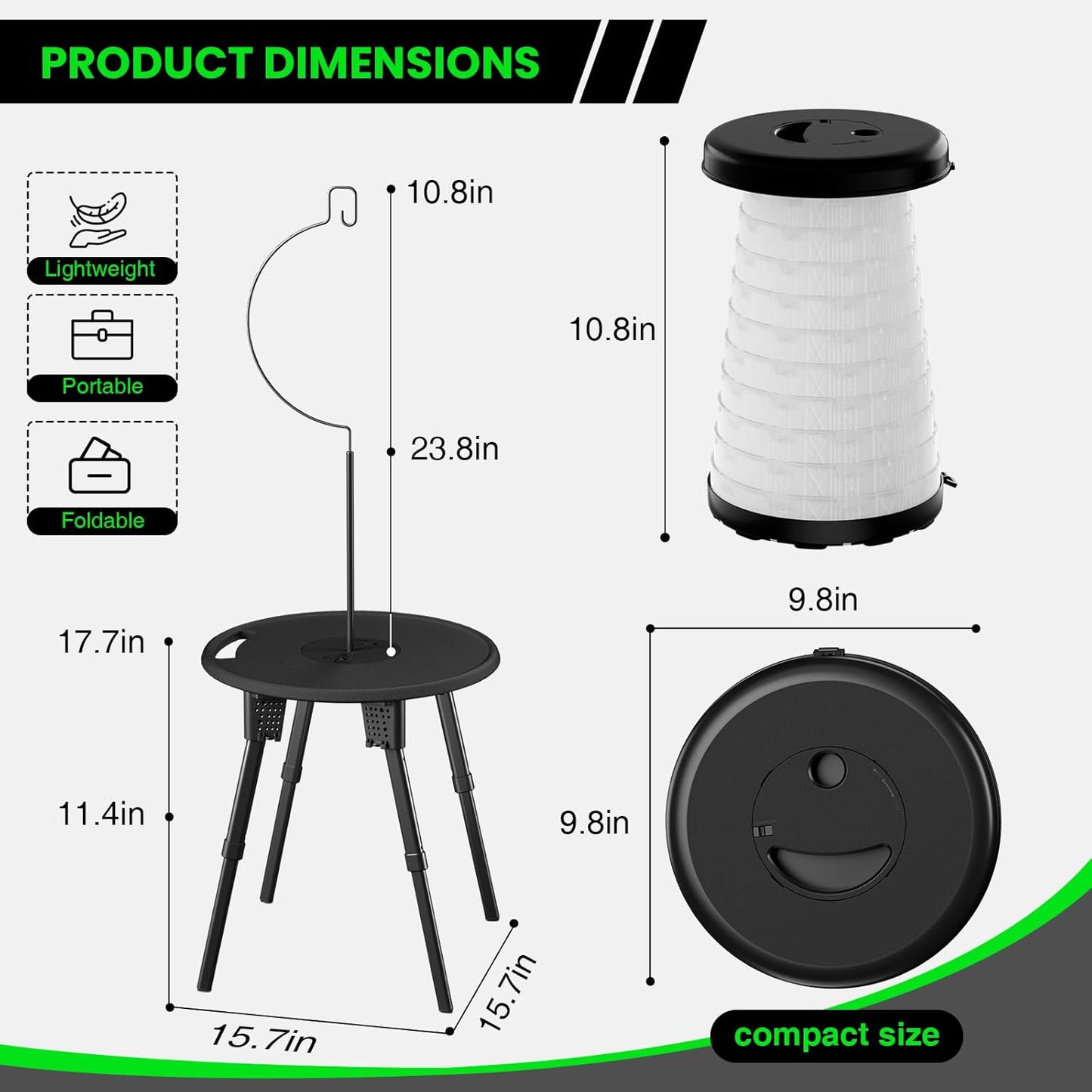 LED Camping Table Set with Stools, 300lbs Capacity Adjustable Height Folding Table & Chairs, All-in-One Compact Design for Outdoor, Camping, Picnic, Tailgating
