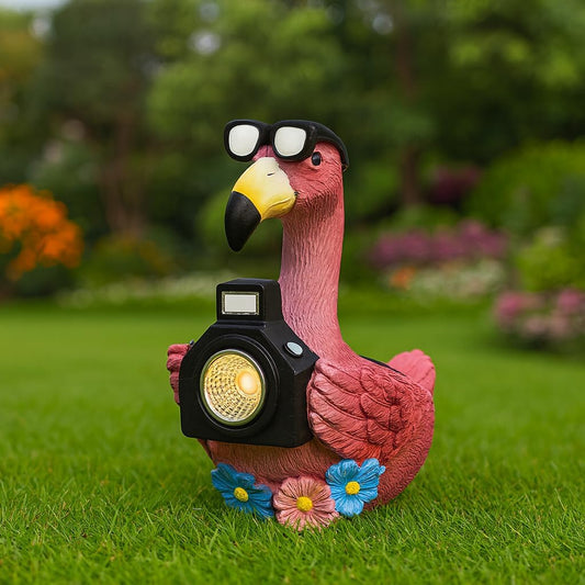 Solar Flamingo Garden Statue with Camera Light – 5.5in Tall Solar Powered Outdoor Figurine for Yard, Patio, Balcony – Funny Garden Decor, Gift for Women (Flamingo)