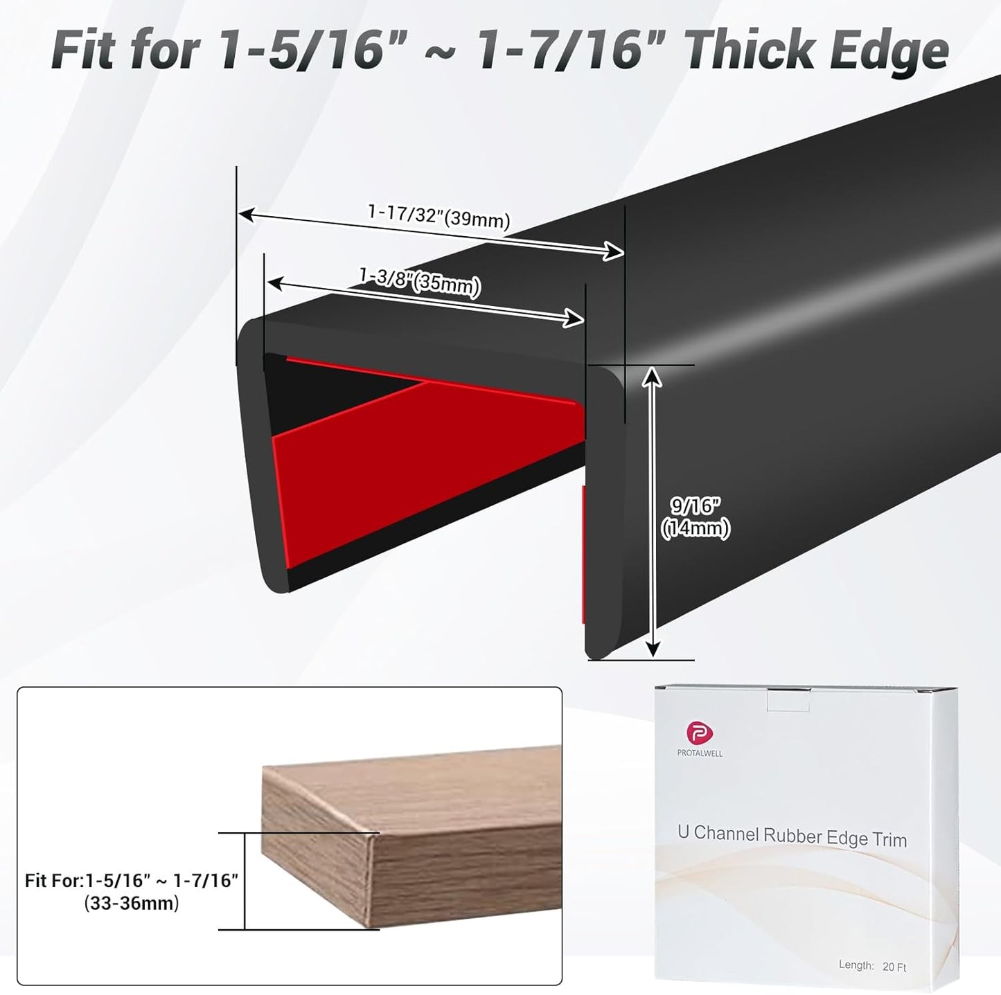 Rubber Edge Trim, 1-3/8 inch Wide U Channel Edge Trim, Big Size U Shaped Trim, Self Adhesive Edge Banding for Plywood, Woods, Doors, Shelf, Cabinet, Countertop, Length 20Ft, Black Gloss Finish