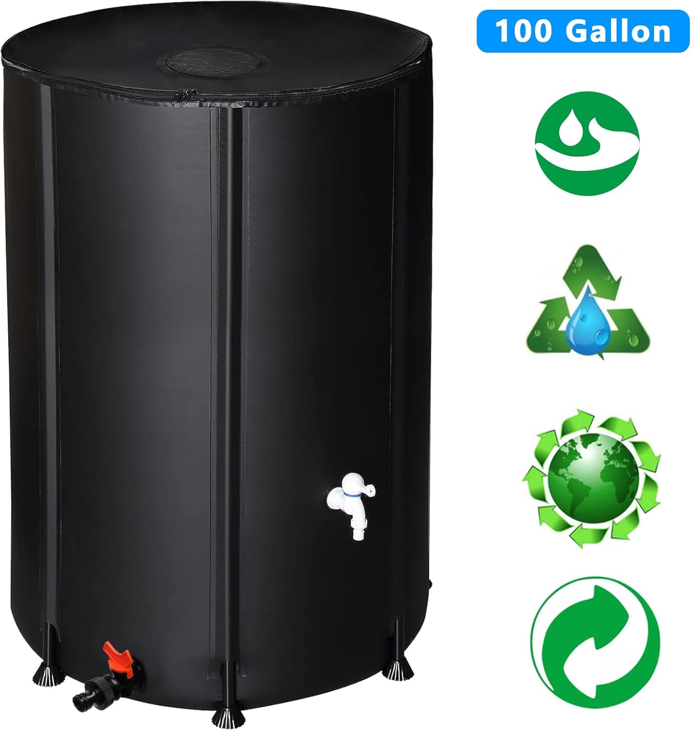100 Gallon Collapsible Rain Barrel, Water Storage Tank, Portable Rainwater Collection System, Rain Catcher Barrel with Two Spigots and Overflow Kit, Rain Water Barrel Collector for Garden, Black
