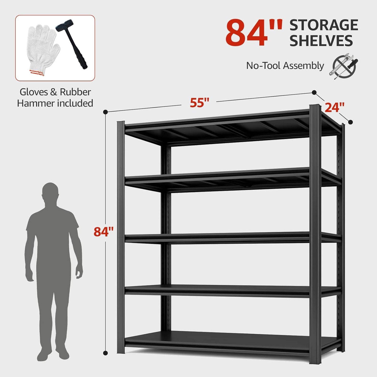 5 Tier Metal Shelving Unit 84" H x 55" W x 24" D, 3000LBS Adjustable Storage Shelves, Heavy Duty Garage Shelves for Warehouse, Basement, Kitchen, Pantry, Living Room, Black