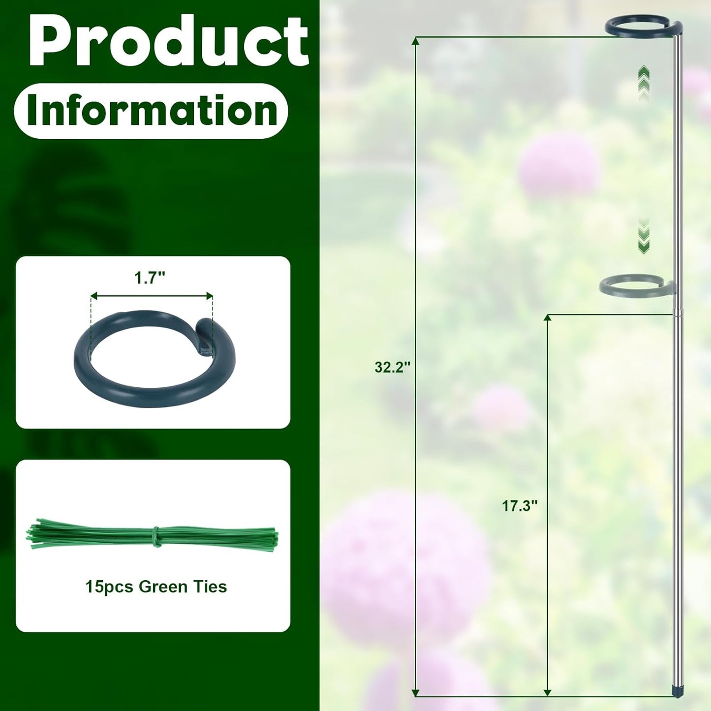 Extendable Monstera Plant Support Stakes, Made of Aluminum Alloy, Tomato Stakes Length Adjust from 17.3" to 32.2", Suitable for Indoor Outdoor Potted Amaryllis Vegetables Comes with 15 Ties-5Pack