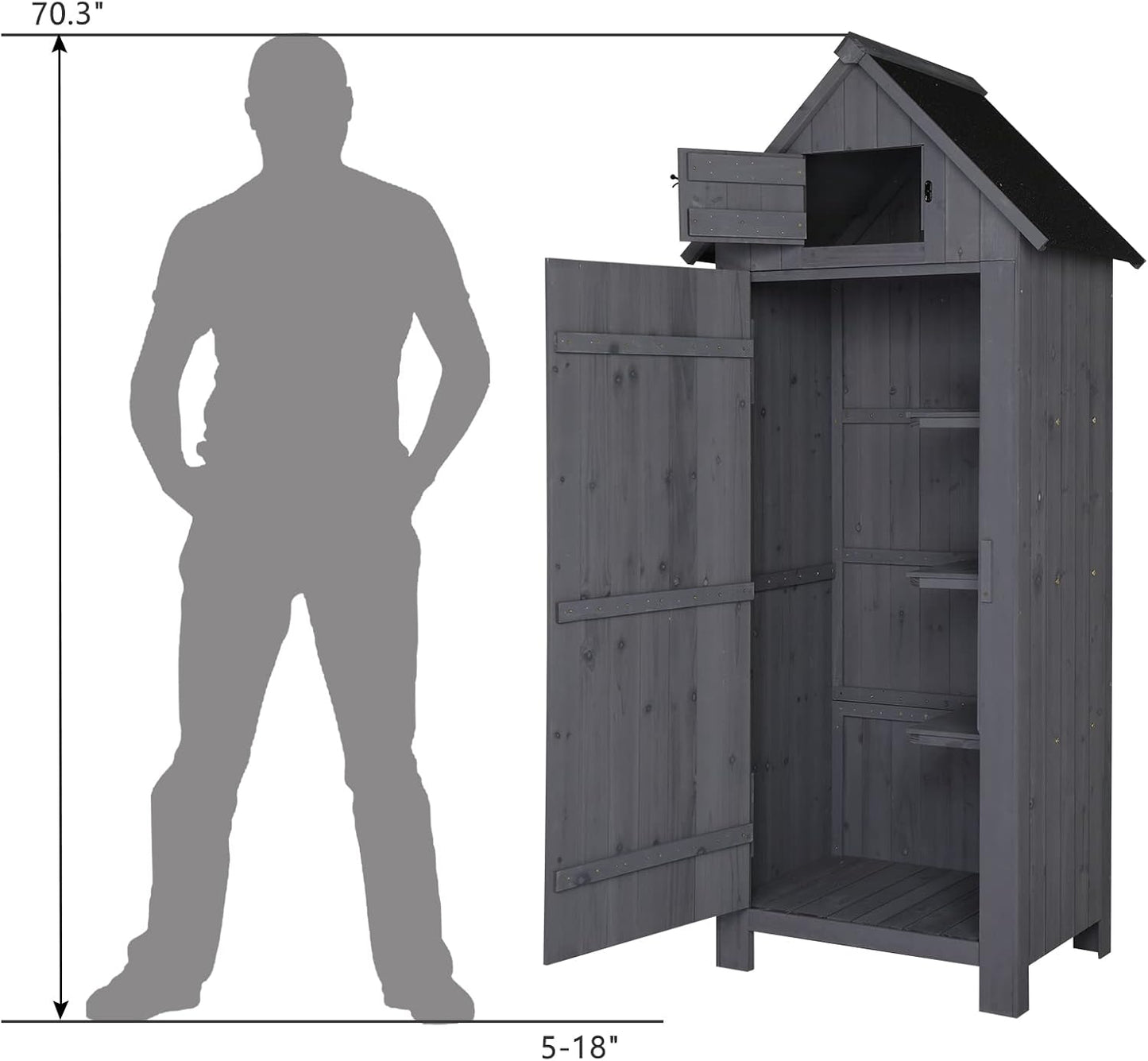 Outvita Outdoor Storage Shed, 70 Inch Wooden Garden Storage Cabinet, Waterproof Tool Storage Cabinet with Lockable Door, Wooden Garden Shed Outdoor Shed for Garden Backyard Lawn(Grey)