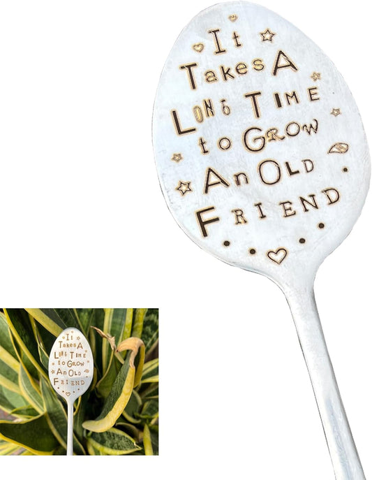 Garden Plant Marker Friendship Gift for Women Gardeners, Plant Stake Label Sign Tag Gardening Gifts for Woman Plant Lovers, Metal Garden Decoration (Grow an Old Friend)