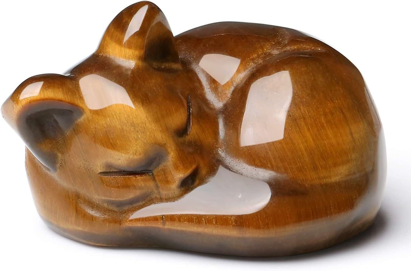 LAIDANLA Tiger Eye Cat Healing Crystals Figurine Sleeping Cat Hand Carved Cute Statue Polished Stone Sculpture Reiki Office Room Bedroom Desk Home Decoration Gifts 1.6"