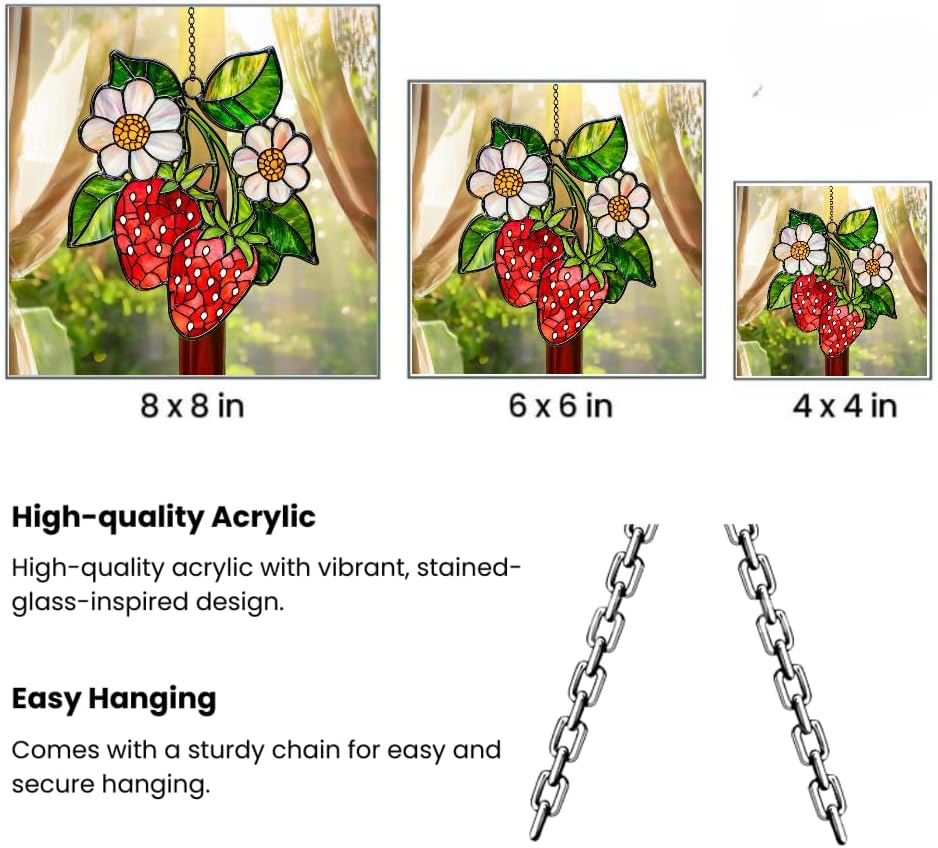 Strawberry Branch Acrylic Suncatcher Window Hanging Floral Home Decor Nature Lover Housewarming Gift