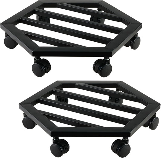 2 Packs 13 inches Large Metal Plant Caddy with Wheels Rolling Plant Stands Heavy-duty Wrought Iron Plant Roller Movers Indoor Outdoor Wheeled Plant Dolly with Casters Tray Coaster, Hexagon black