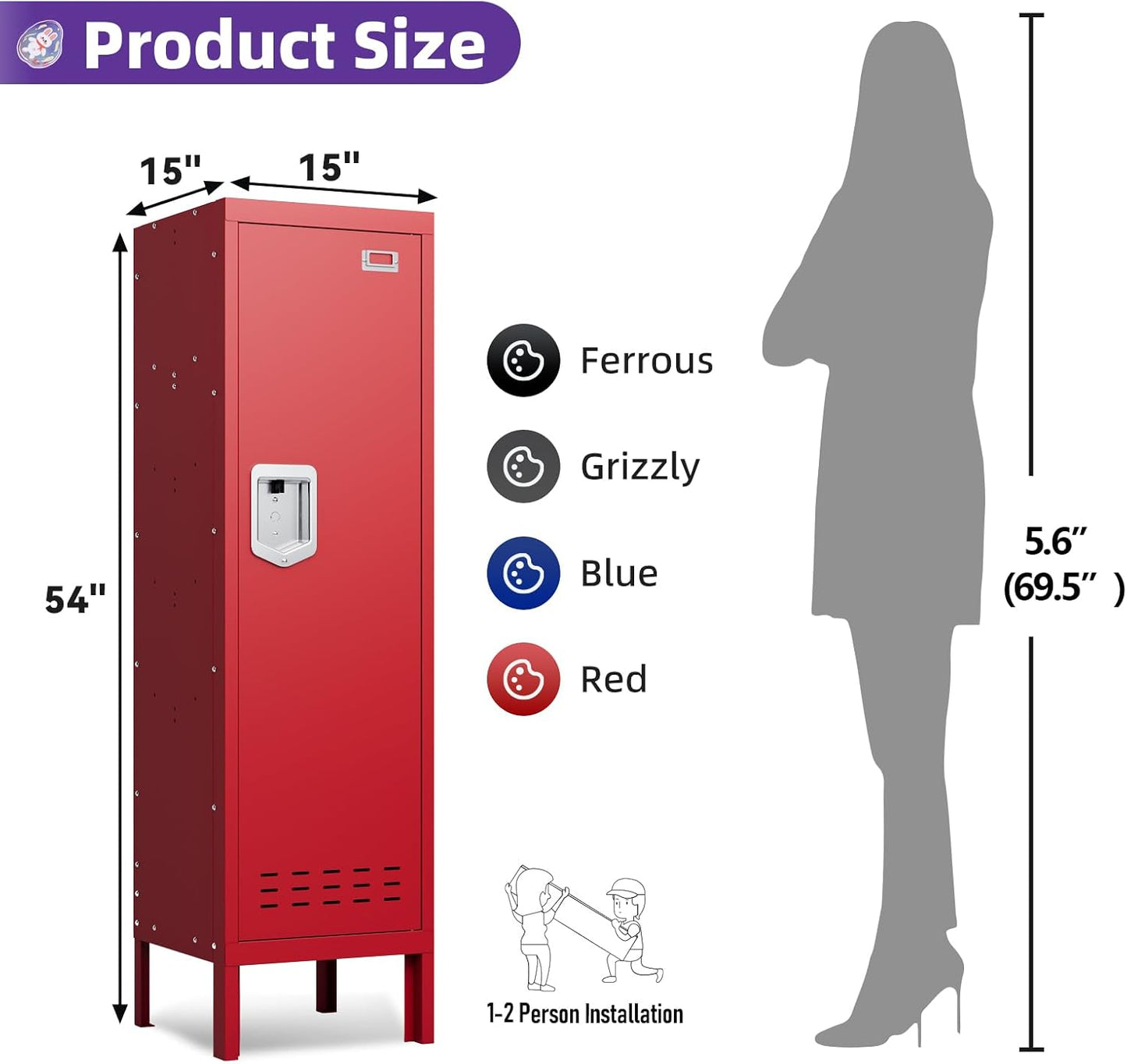 Metal Cabinet Home Office Storage, Lockable Steel Locker with Door, 54" Height, Multi-Purpose for Home, Office, Gym, School, Garage