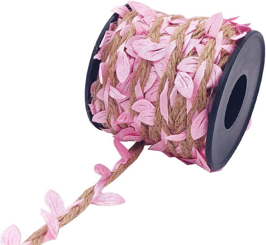 Burlap Leaf Ribbon 2 Rolls 66 Feet 5mm Jute Burlap Twine Vine with Artificial Leaves for Crafts Jungle Garland Party Wedding Garden Home Decoration Pink