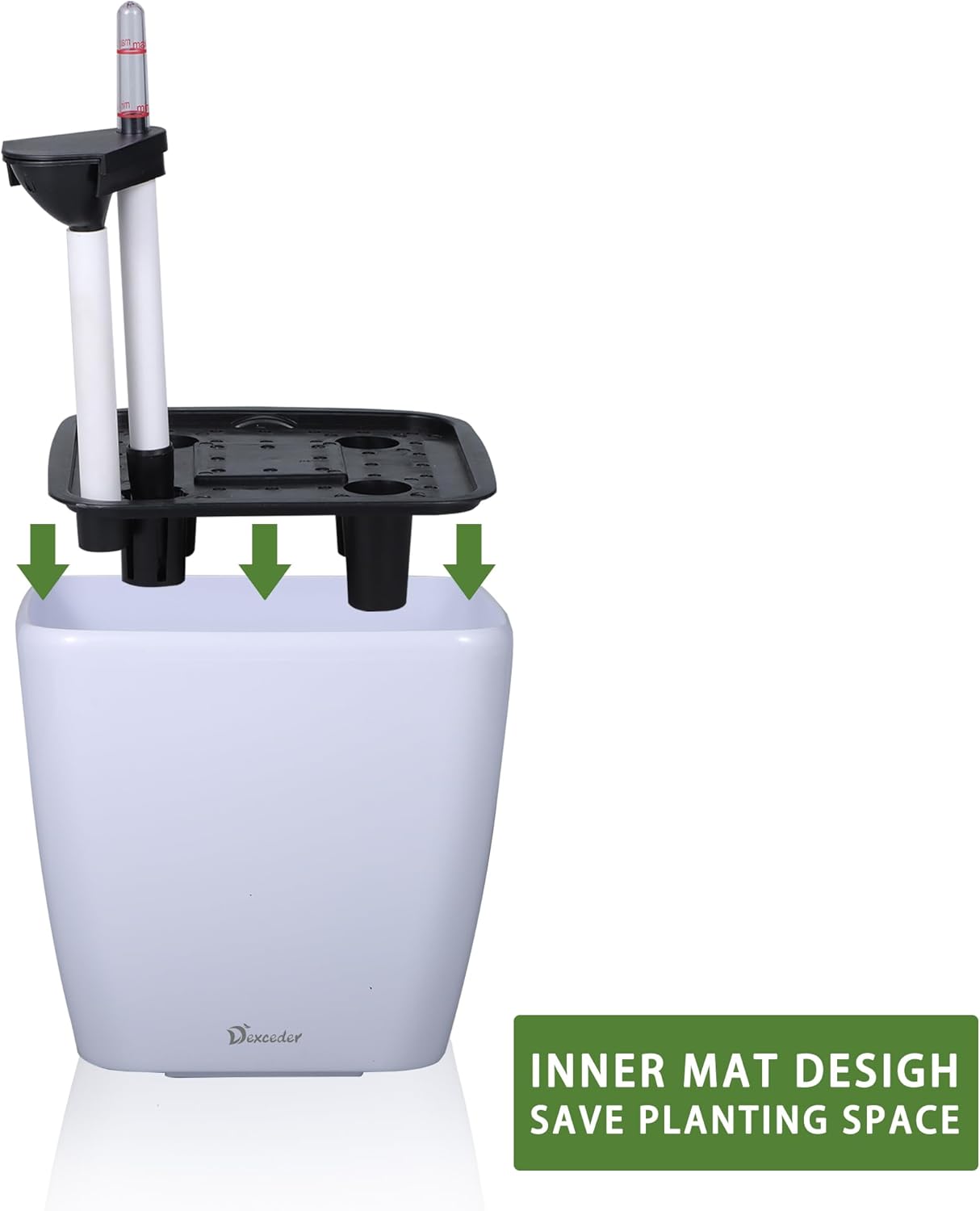 Dexceder 9x8 Self Watering Planter Indoor Outdoor, Inner Mat Design, Thickened Table Flower Plant Pot with Water Level Indicator (White High Gloss)